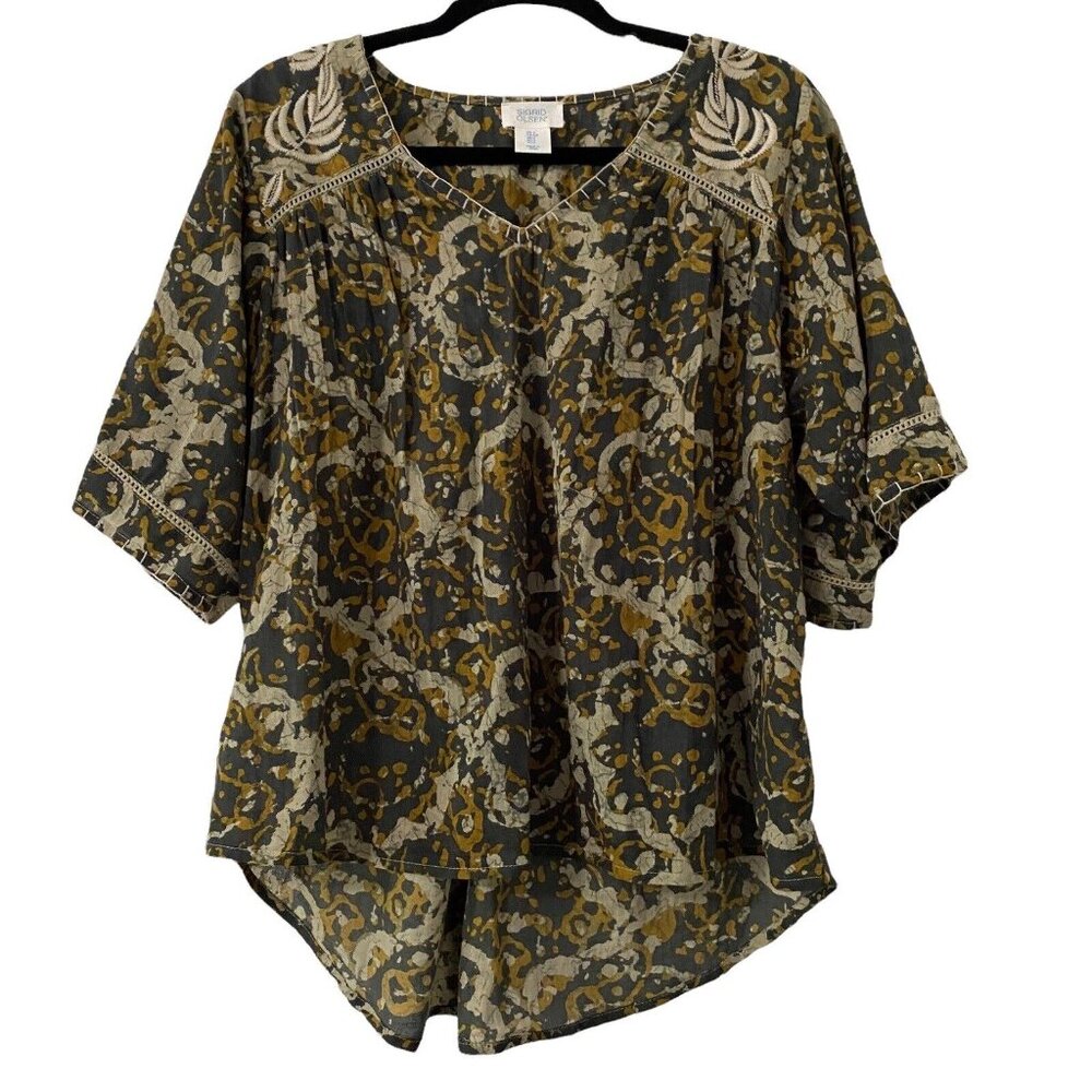 Sigrid Olsen women's Tunic V Neck Embroidered Pullover 3/4 Sleeve Top sz S